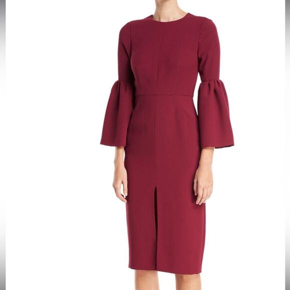 BHLDN Lilah Jill Stuart Bell Sleeve Front Slit Cocktail Dress in Black Currant - Picture 1 of 11
